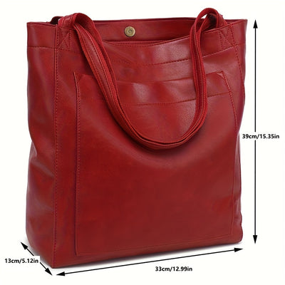 Retro Solid Color Tote Bag - Oil Leather PU, Multi-Pocket Shoulder Bag