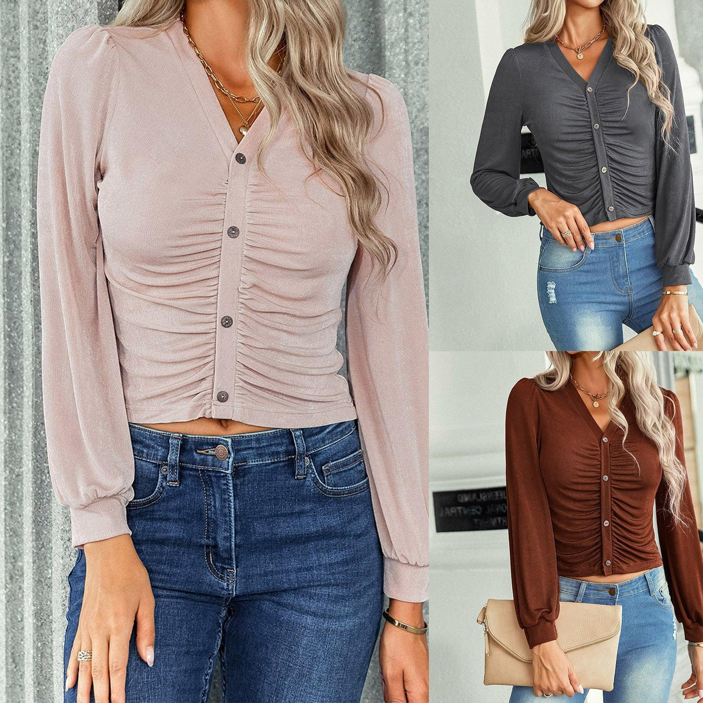 Cropped Knit V-Neck Long Sleeve Blouse