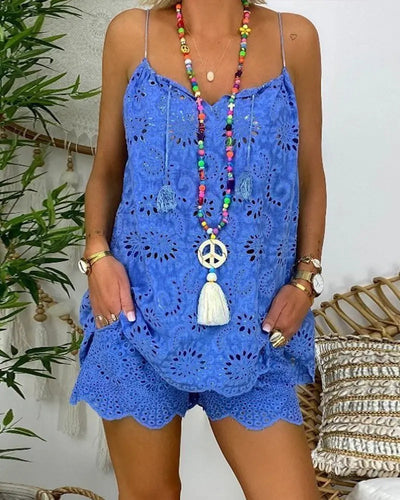 Women's Fashion Embroidered Top And Shorts Suit