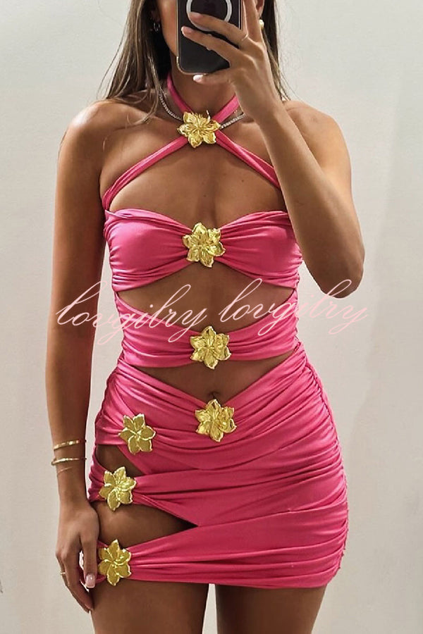 Sun and Sea Hollow Metal Flower Decoration Stretch One-piece Swimsuit