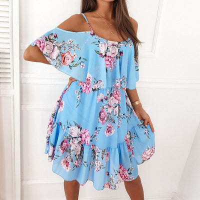 Flower Printed Summer V-neck Stitching Off-the-shoulder Strap Dress