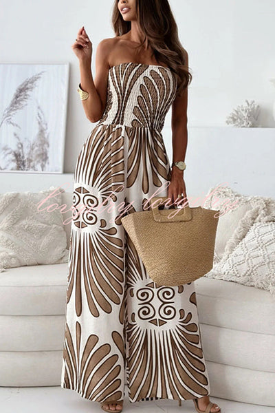 Unique Print Off-shoulder Pleated Casual Wide-leg Jumpsuit