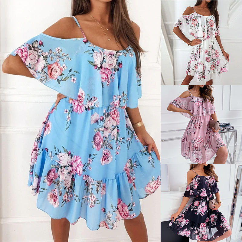 Flower Printed Summer V-neck Stitching Off-the-shoulder Strap Dress