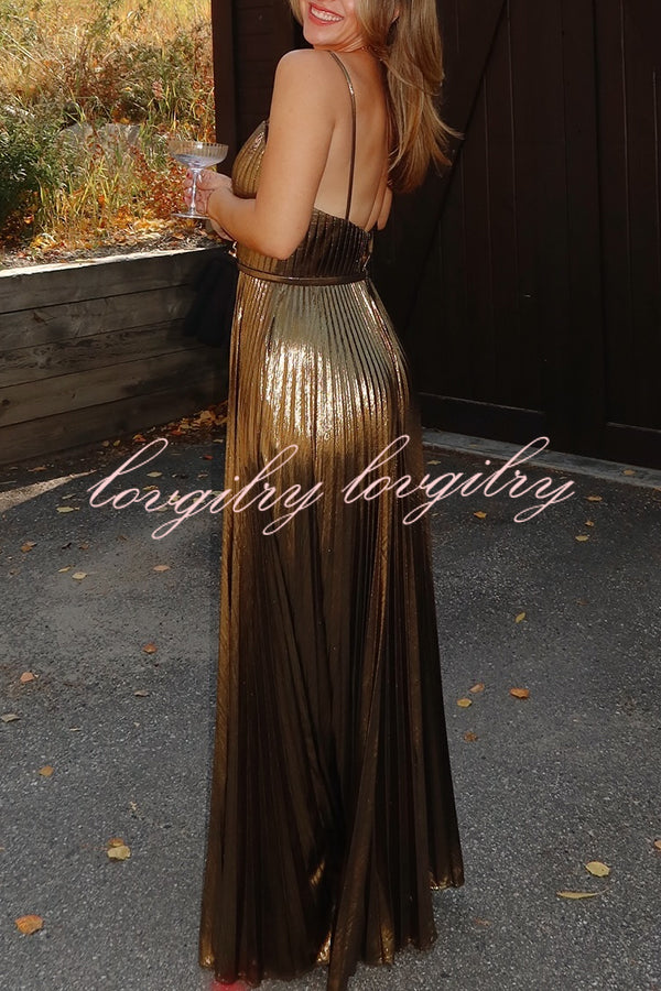 Disco Fashion Metallic Fabric Pleated Pocket Slip Wide Leg Jumpsuit