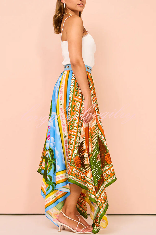 Summer Destination Satin Unique Print Elastic Waist Irregular Hem Maxi Skirt