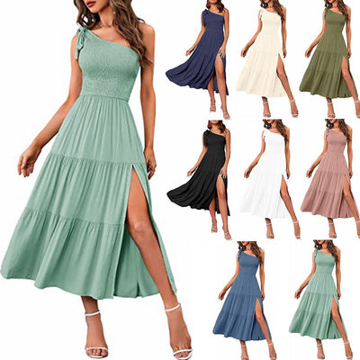 Summer Fashion Women's One-shoulder Pleated Layered Hem Split Dress