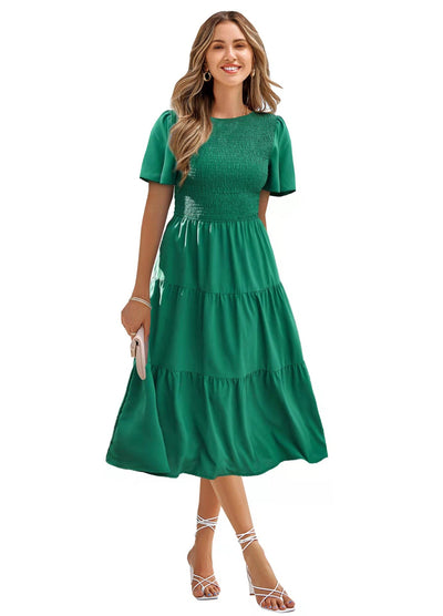 Women's Round Neck Smocked Short Sleeve Casual Dress