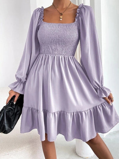 Women's Square Neck Flared with Ruffled Long Sleeves Dress