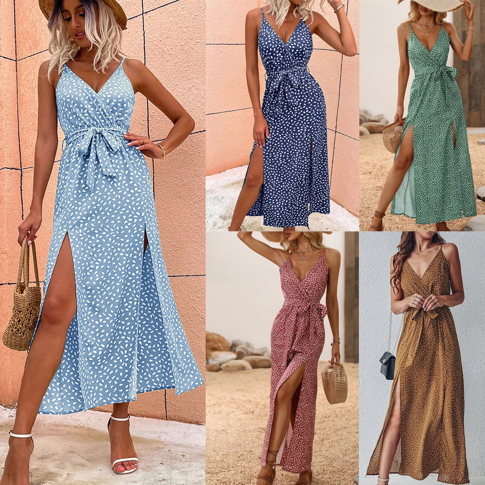 V-neck Suspender Floral Lace-up  Long Skirt Beach Dress