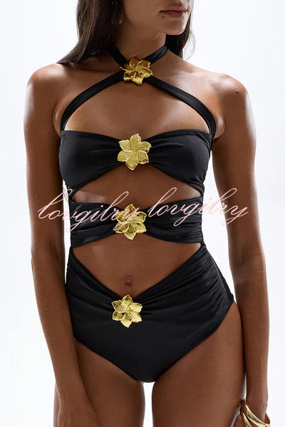 Sun and Sea Hollow Metal Flower Decoration Stretch One-piece Swimsuit