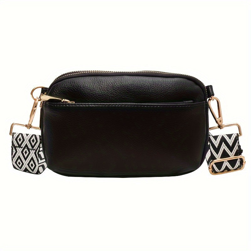 Mini Crossbody Bag - Square PU Leather, Wide Shoulder Strap