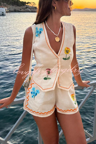 Summer Flower Printed Linen Blend Button Vest and Elastic Waist Pocket Shorts Set