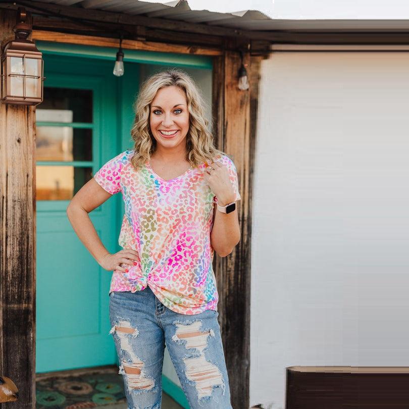 V-Neck Print Colorful Leopard Top