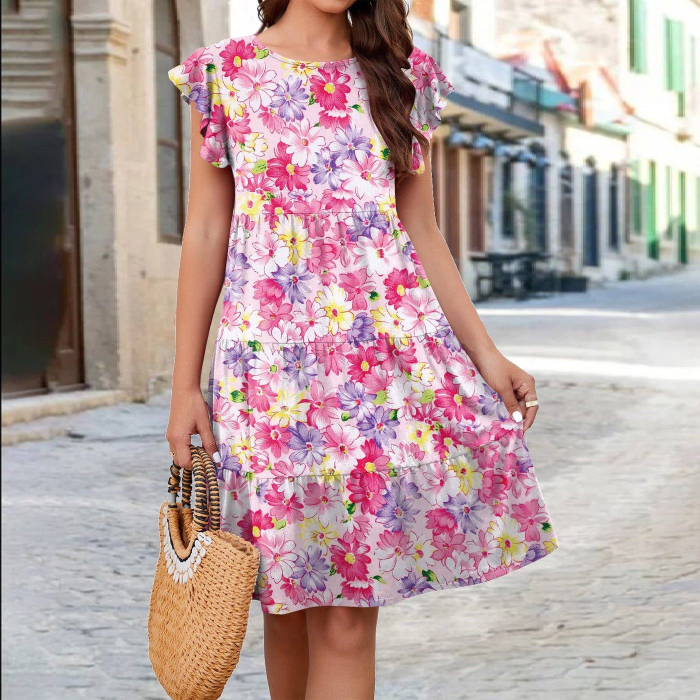 Women's Summer Floral Print Ruffle Sleeve Beach Dress