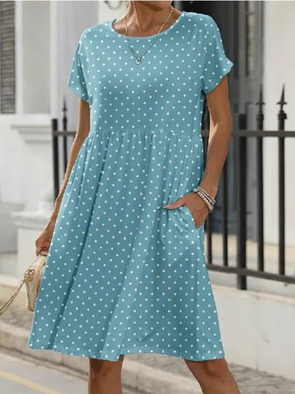 Summer Polka Dot Print Dress with Short Sleeves and Round Neck