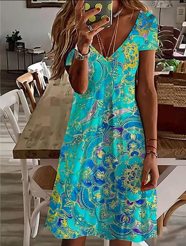 Women's V-Neck Fashion Print Loose Dress