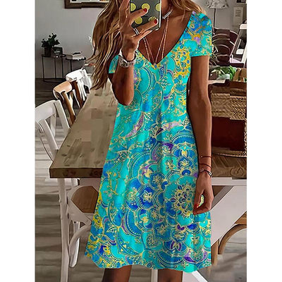 Women's V-Neck Fashion Print Loose Dress