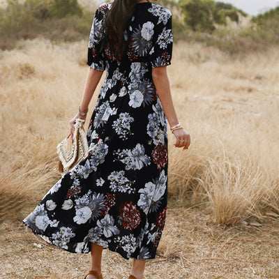 Floral Summer V-Neck Elastic Waist Dresses