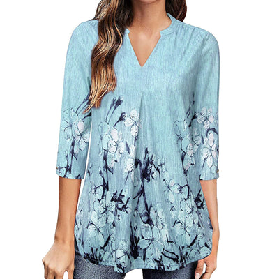 Flowers Print Tops V Neck Long Sleeve Blouse