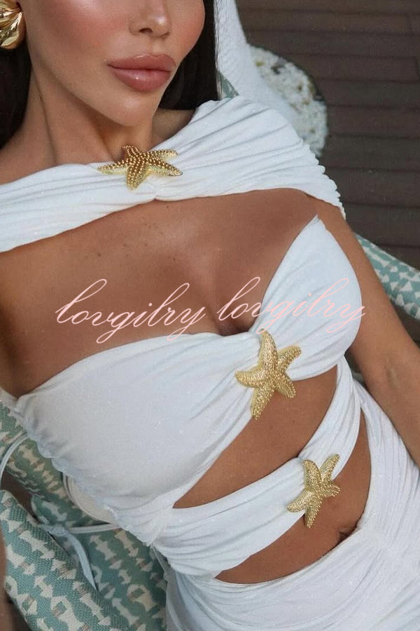 Solid Starfish Decoration Shawl and Cutout Stretch One-Piece Swimsuit