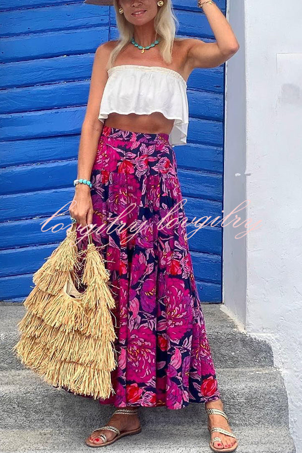 Floral Fantasy Printed High Rise  Back Elastic Waist Maxi Skirt