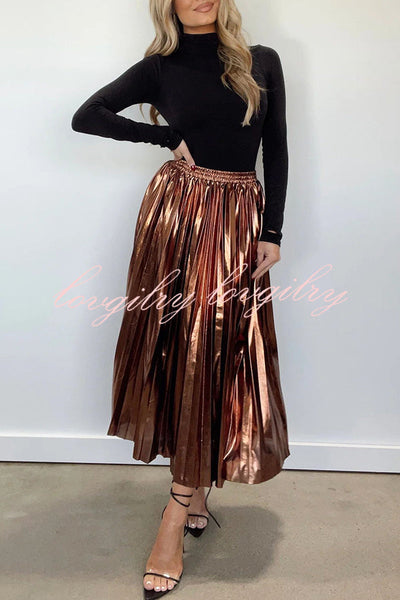 Yuletide Glow  Metallic Fabric Pleated Elastic Waist Midi Skirt