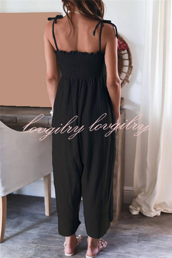 Elegant Solid Color High Waist Linen Blend Suspender Pleated Jumpsuit