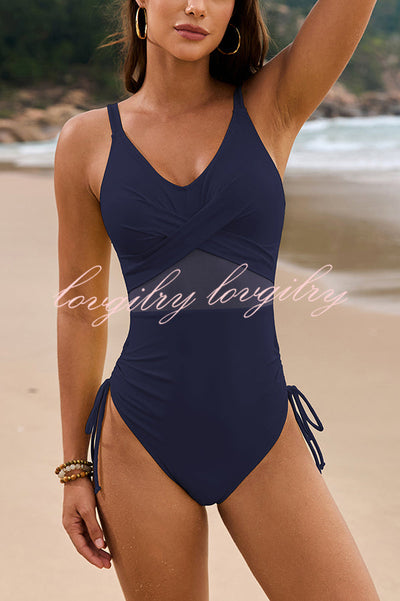 Solid Color Drawstring Waist Mesh One-Piece Swimsuit