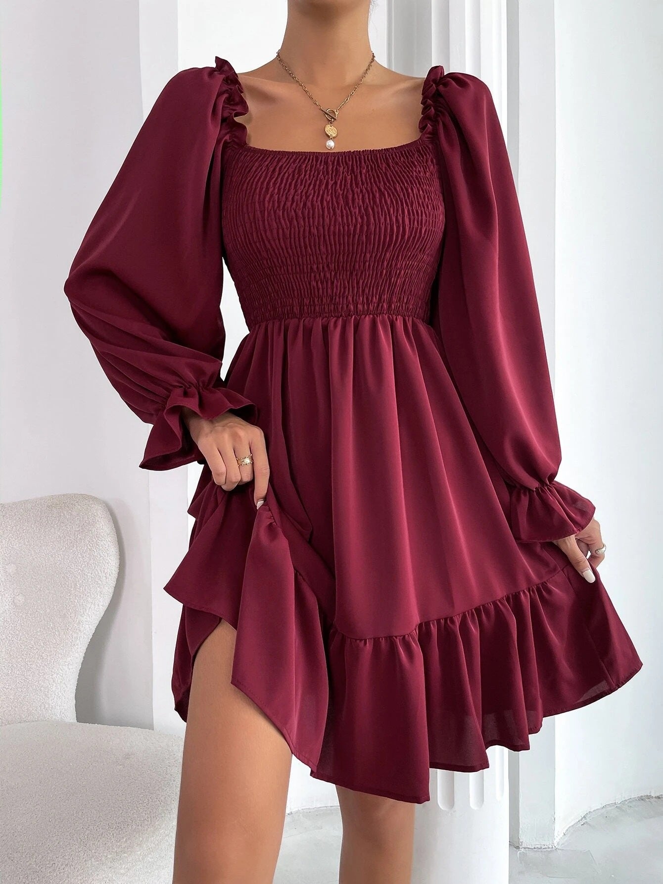 Women's Square Neck Flared with Ruffled Long Sleeves Dress