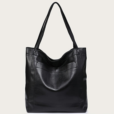 Retro Solid Color Tote Bag - Oil Leather PU, Multi-Pocket Shoulder Bag