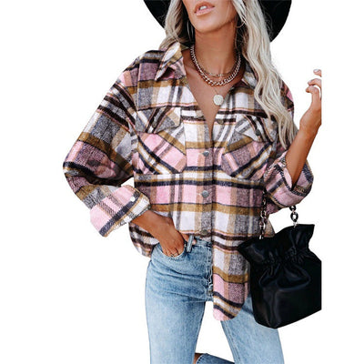 Women's Plaid Woolen Breasted Casual Shirt