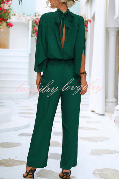 Solid Color Slit Back Lace Up Hollow Long Sleeve Jumpsuit