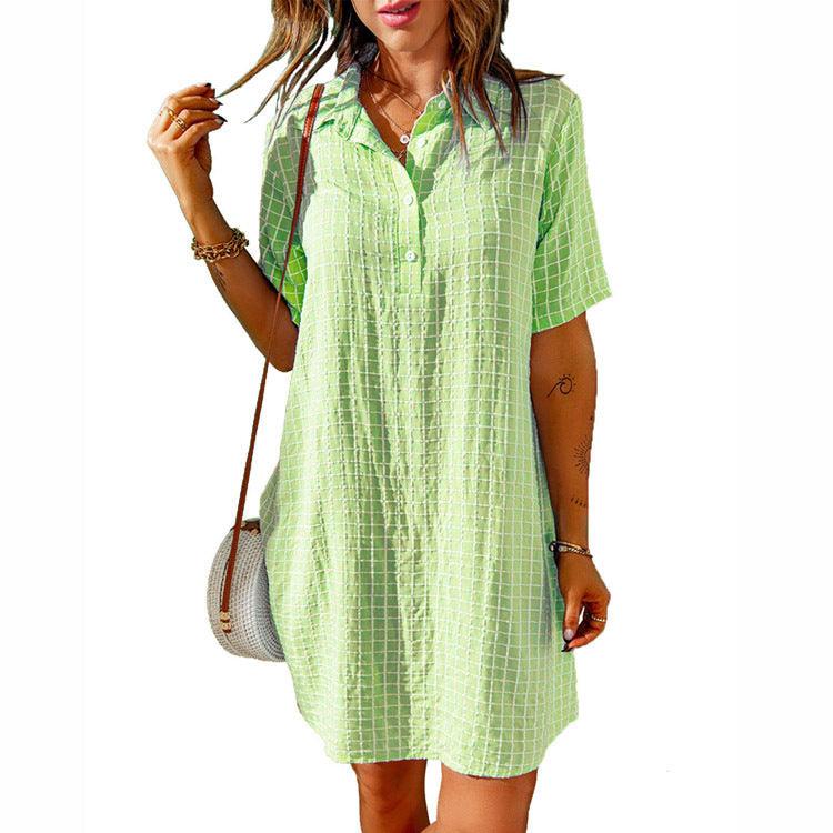 Check Neck Button Short Sleeve Shirt Dress