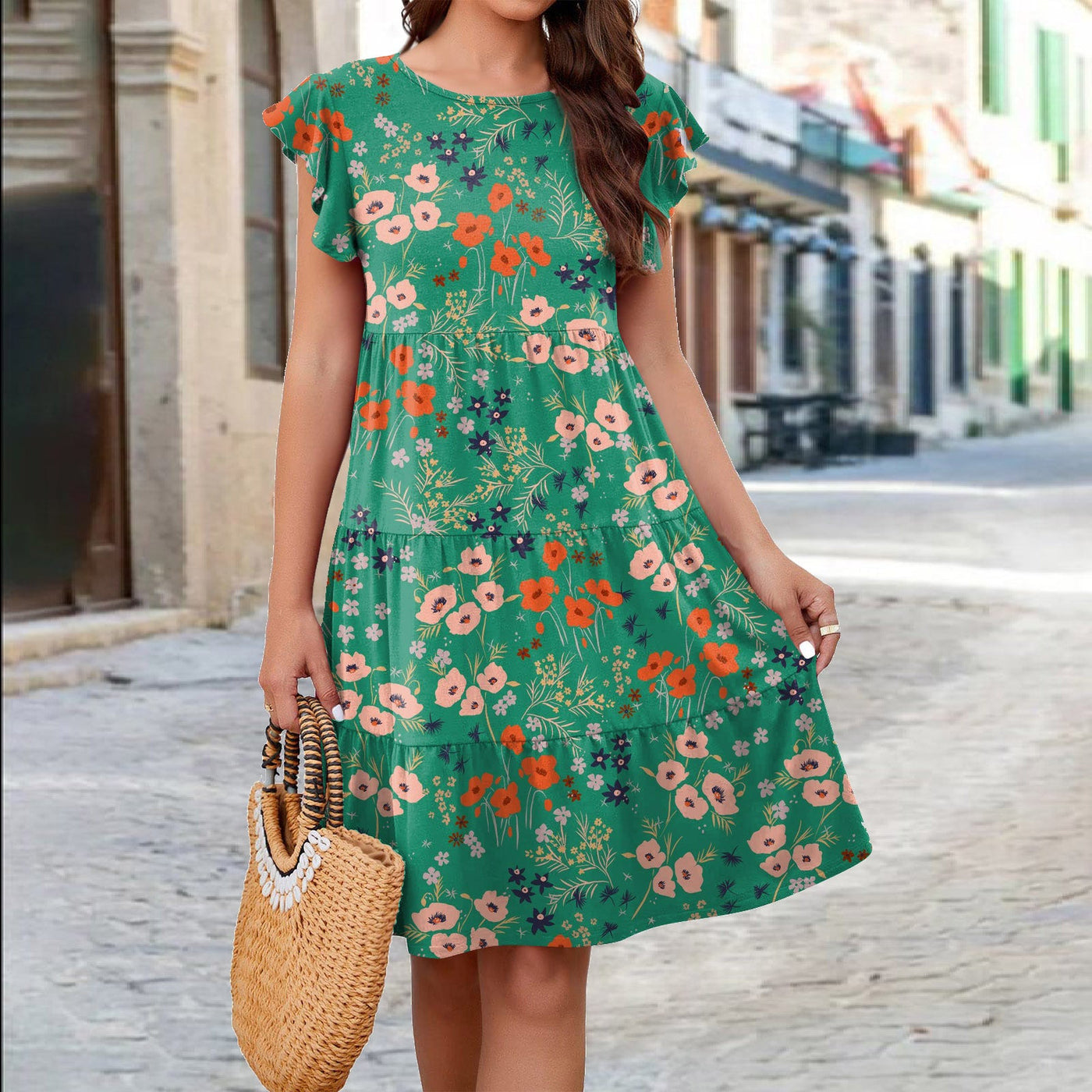 Women's Summer Floral Print Ruffle Sleeve Beach Dress