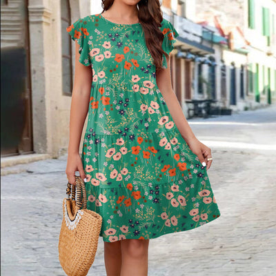 Women's Summer Floral Print Ruffle Sleeve Beach Dress