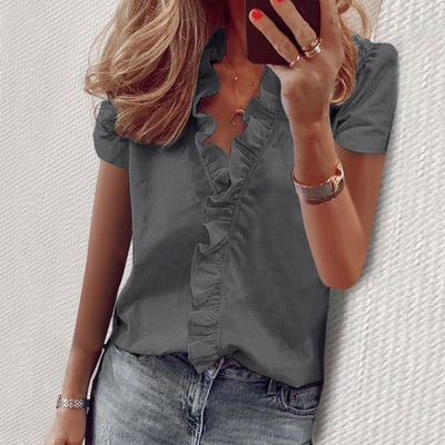 Solid Color V-Neck Short Sleeve Ruffle Shirt