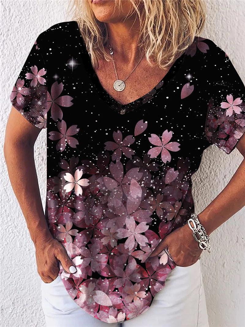 Summer Popular Floral Print Short-sleeved V-neck T-shirt