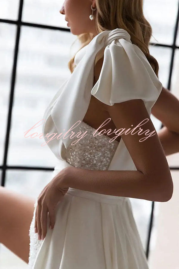 Sparkling Gown Sequin One Shoulder Long Hem Pocket Romper