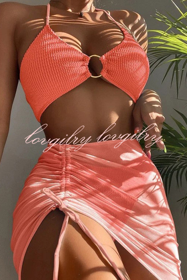 Commuting Style Suspender Pleated Hoop Three Pieces Swimsuit Set