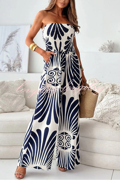 Unique Print Off-shoulder Pleated Casual Wide-leg Jumpsuit