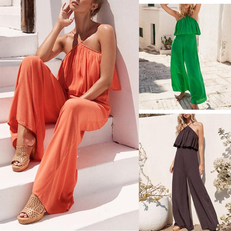 Solid Color Wrap Chest Dew Shoulder Jumpsuit Pants