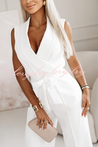 Make Your Entrance Lapel Belt Pocketed Wide Leg Formal Jumpsuit