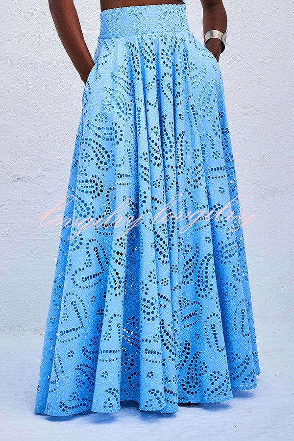 Paris Dreaming Embroidered Lace High Rise Elastic Waist Pocket Maxi Skirt