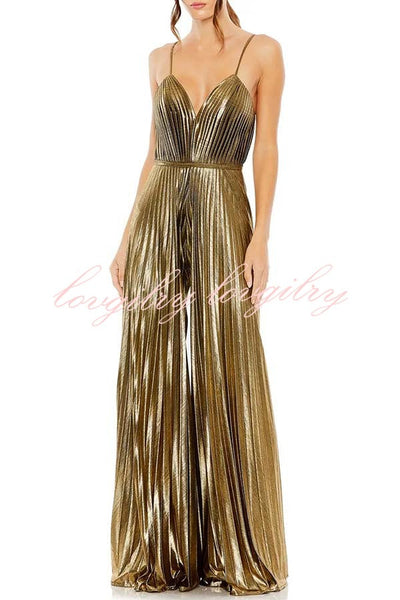 Disco Fashion Metallic Fabric Pleated Pocket Slip Wide Leg Jumpsuit