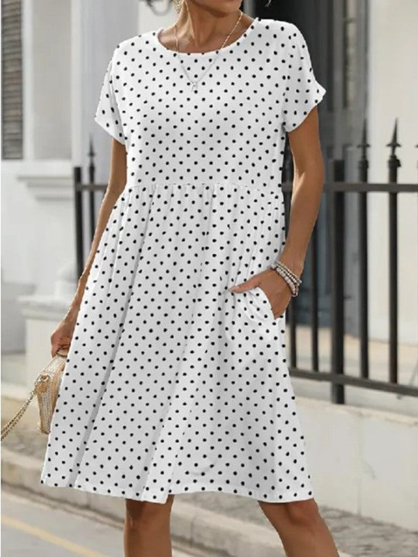 Summer Polka Dot Print Dress with Short Sleeves and Round Neck