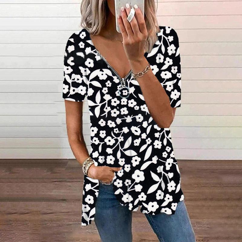 Women's V-neck Zipper Loose Floral T-shirt