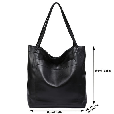 Retro Solid Color Tote Bag - Oil Leather PU, Multi-Pocket Shoulder Bag