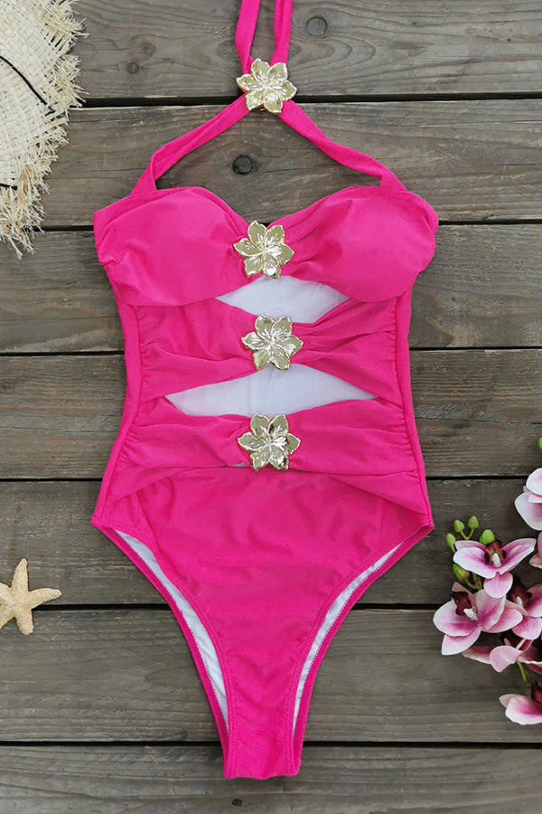 Sun and Sea Hollow Metal Flower Decoration Stretch One-piece Swimsuit