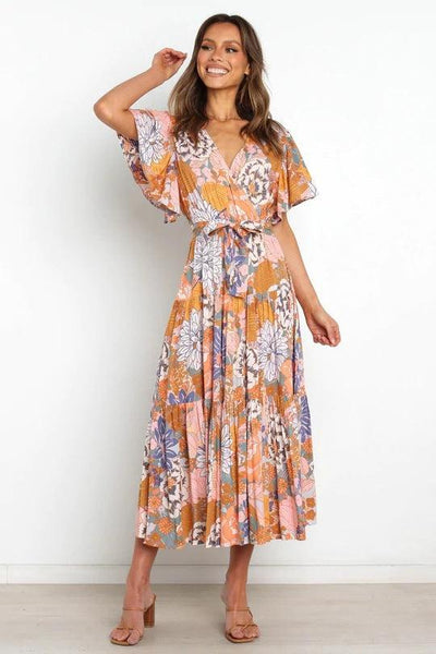 V-Neck Print Short Sleeve Bohemian Dress