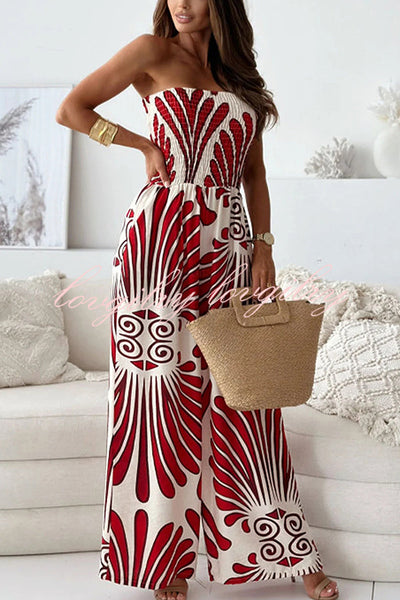 Unique Print Off-shoulder Pleated Casual Wide-leg Jumpsuit